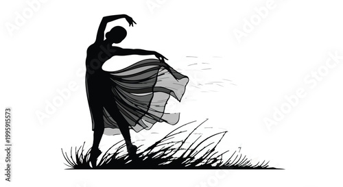 Graceful dancer silhouetted against a white background, moving fluidly amidst swirling grass
