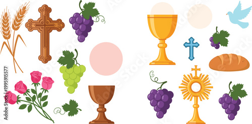 Christian religious symbols icon set featuring cross, chalice, grapes, bread, dove, monstrance, and wheat for church, communion, and spiritual faith concepts