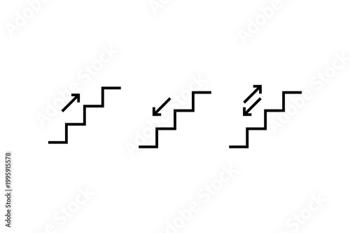 Minimalist staircase icons with arrows indicating direction.