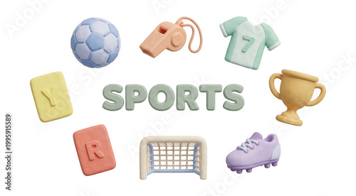 Chunky 3D clay soccer and sports equipment set featuring a centered SPORTS subtitle on white background