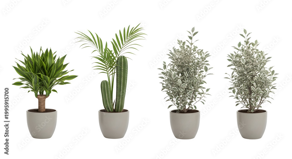 Fototapeta premium Four potted plants with diverse green foliage on a transparent background