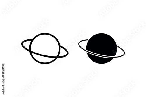 Abstract black and white planet with orbiting rings design.