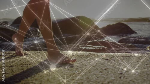 Weight shift initiating lower legs and bare feet stepping over pebbles, overlay mapping motion