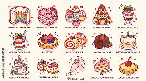 A delightful collection of various sweet desserts and cakes, including layered cakes, tarts, cupcakes, and pastries, presented in a charming illustration style.