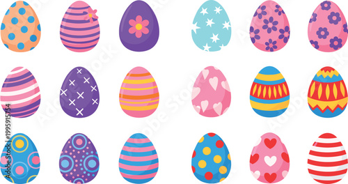 Colorful Easter egg icon set featuring decorated eggs with stripes, hearts, flowers, and geometric patterns for spring holiday and festive celebration designs