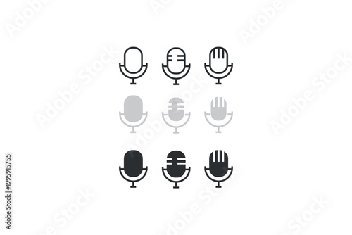 Set of nine retro microphone icons in black and gray variations.