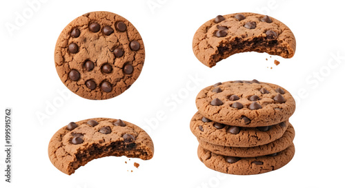 A stack of chocolate chip cookies with some broken on a transparent background