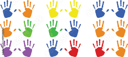 Colorful handprint pattern icon set featuring painted palm prints in vibrant colors for kids, creativity, education, art, and playful design concepts