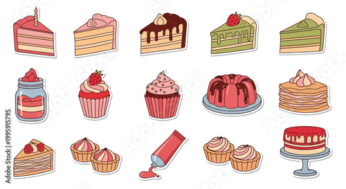 A delightful collection of various sweet desserts and pastries, including cakes, cupcakes, and tarts, presented in a colorful cartoon illustration style.