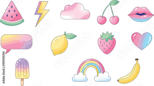 Cute pastel fruit and doodle icon set featuring watermelon, cherry, lemon, banana, rainbow, lips, cloud, lightning, and popsicle for playful design