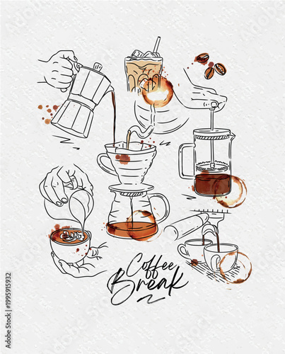 Coffee break poster with illustrated french press, cappuccino, espresso, americano, ice latte, beans, drip hot drink silhouettes drawing in graphic art style on grey background