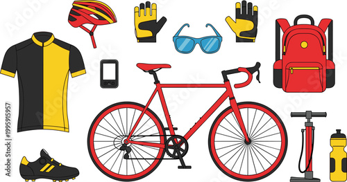 Cycling and sports equipment icon set featuring road bicycle, helmet, gloves, sunglasses, jersey, shoes, backpack, pump, and water bottle for outdoor activity