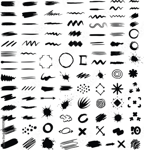 Collection of black paint brush strokes and splatters with hand drawn