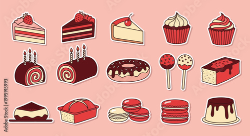 A delightful collection of various sweet desserts and pastries, including cakes, cupcakes, donuts, and macarons, presented in a charming illustration style.