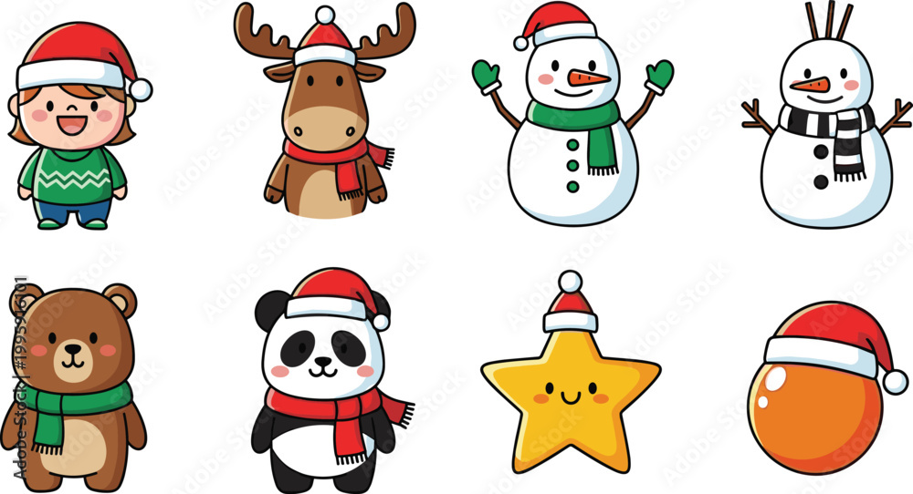Obraz premium Christmas Character Set with Snowman, Moose, Bear, Panda, Star, and Holiday Decorations in Santa Hats
