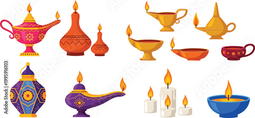Decorative oil lamps and lantern icon set featuring traditional diya, Arabic Aladdin lamps, candles, and festive lights for Ramadan, Diwali, and cultural celebrations