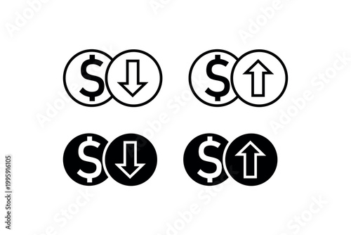 Currency symbols with upward and downward arrows indicating financial trends.
