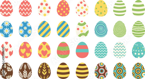 Easter egg pattern collection icon set featuring colorful decorated eggs with floral, striped, dotted, and abstract designs for spring holiday celebration