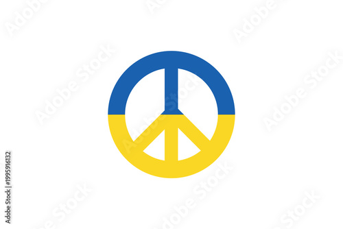 Peace symbol in blue and yellow design over white background.