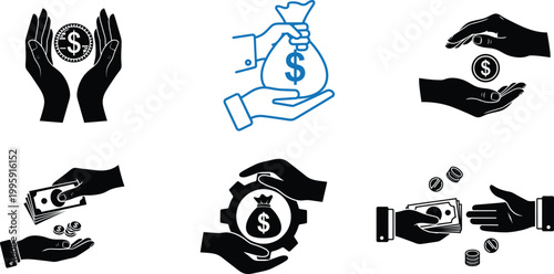 Set of human hands holding money coins and dollar bags icons