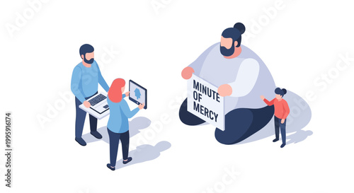 Isometric illustration of people interacting with a giant person holding a sign.