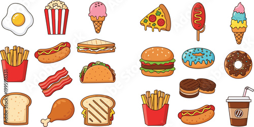 Fast food and snack icon set featuring burger, fries, hot dog, pizza, donut, ice cream, sandwich, bacon, toast, and coffee for menu concepts