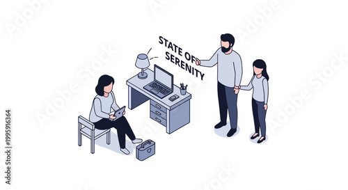Isometric illustration of people in a state of serenity at work.