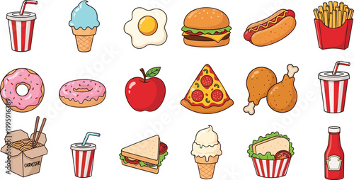 Fast food and snack icon set featuring burger, pizza, hot dog, fries, donut, ice cream, sandwich, chicken, and soda for menu concepts