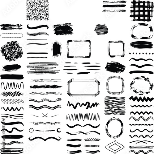 Assortment of hand-drawn brush strokes and geometric frames