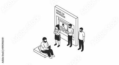 Isometric Illustration of People Interacting with a Display Panel.