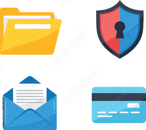 Flat design business and security icon set featuring folder, shield protection, email envelope, and credit card symbols for digital finance and communication concepts