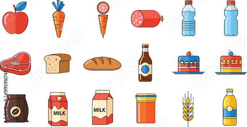 Food and grocery icon set featuring fruits, vegetables, meat, bread, milk, water bottles, juice, cake, and pantry products for kitchen and nutrition concepts