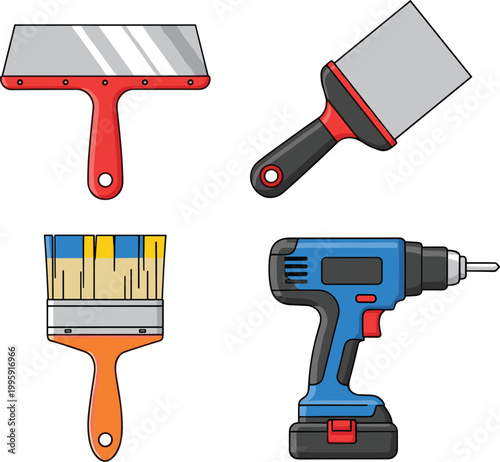 Home renovation and painting tools vector set featuring paint brushes, scraper, putty knife, and electric drill for construction and DIY projects
