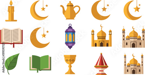 Islamic religious icon set featuring crescent moon, mosque, lantern, Quran, prayer book, candle, teapot, and chalice for Ramadan and spiritual concepts
