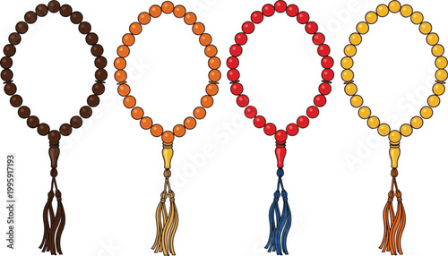 Islamic prayer beads tasbih icon set featuring colorful rosary strands with tassels for worship, meditation, and spiritual devotion concepts