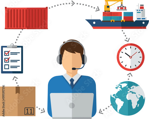 Logistics and supply chain management concept icon featuring operator, cargo container, shipping vessel, package, checklist, clock, and global distribution network