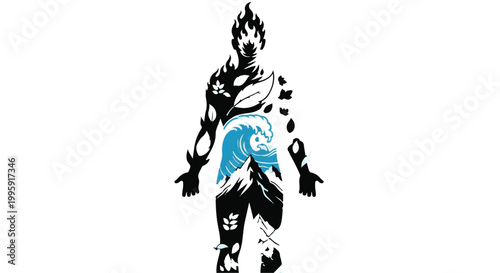 Human silhouette composed of natural elements like fire, water, plants, and mountains
