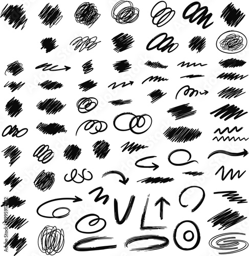 Collection of scribbled shapes, arrows, and lines in black, hand drawn
