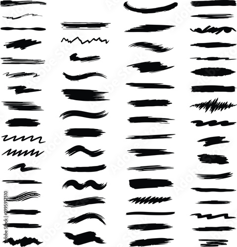 Collection of black brush strokes and lines on white background