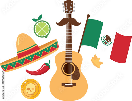 Mexican culture and music icon set featuring guitar, sombrero, maracas, chili pepper, lime, skull coin, and flag for festive traditional themes