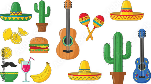 Mexican culture and food icon set featuring sombrero, guitars, cactus, maracas, burger, lemon, cocktail, banana, and traditional festive elements