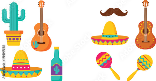 Mexican culture icon set featuring sombrero hats, guitars, maracas, cactus, mustache, and tequila bottle for fiesta, music, and traditional celebration themes
