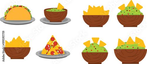 Mexican food bowl and snack icon set featuring tacos, guacamole, nachos, and pizza for restaurant menu, fast food, and cuisine concepts