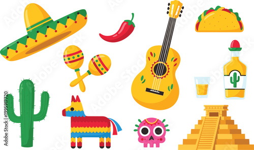 Mexican culture icon set featuring sombrero, guitar, maracas, taco, cactus, tequila, piñata, chili pepper, skull, and pyramid for festive themes