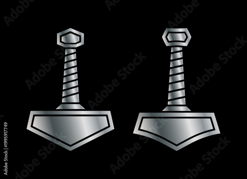 Thors hammer symbol set. Mjolnir silver gradient silhouette. Thor, god of thunder jewellery icon.Norse and viking mythology logo. Vector illustration image.