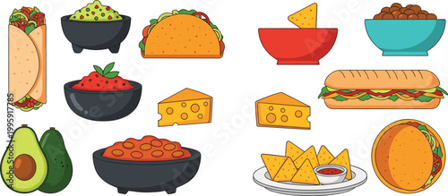Mexican food icon set featuring tacos, nachos, guacamole, burrito, cheese, avocado, salsa, and traditional dishes for cuisine and restaurant menu concepts