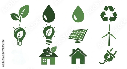 Collection of green eco-friendly energy and sustainability icons.