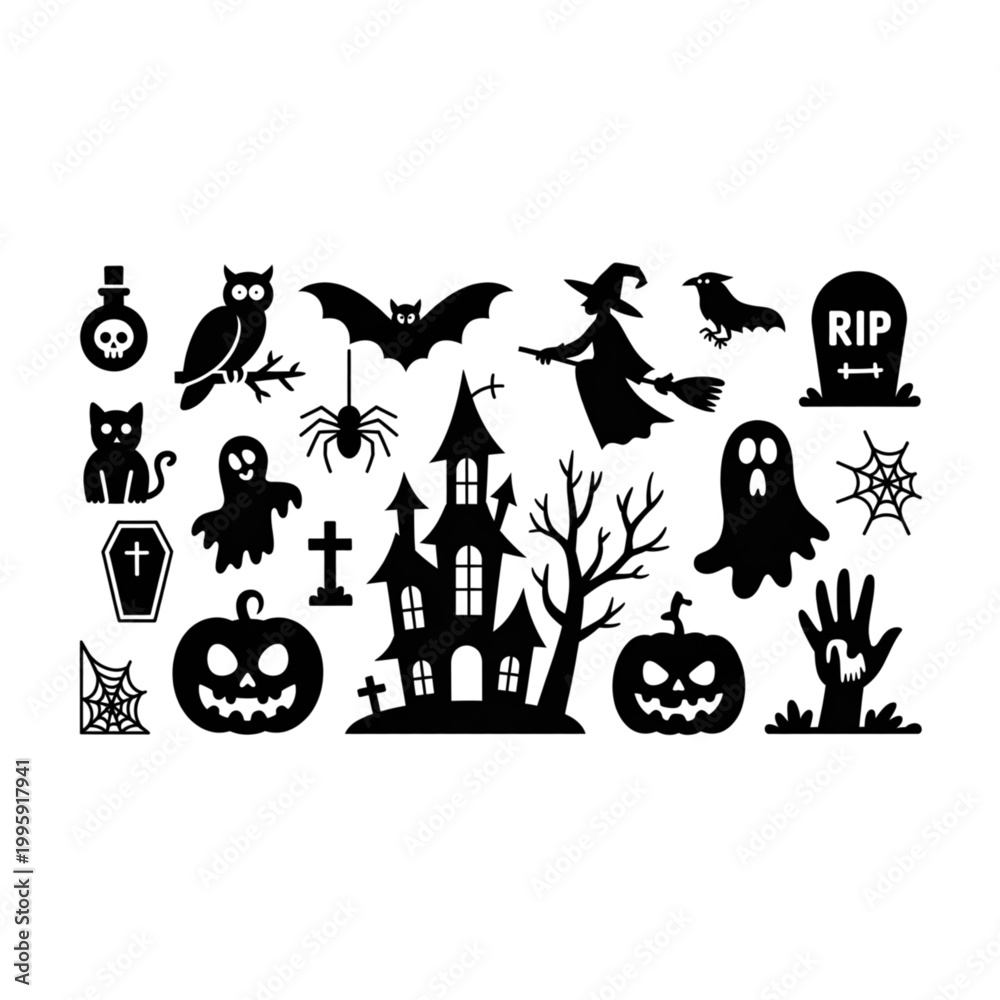 Obraz premium Halloween Silhouette Elements Set - Spooky Icons with Haunted House, Witch, Ghosts, and Pumpkins