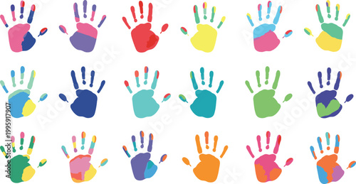 Multicolor handprint art icon set featuring creative painted palms in vibrant combinations for kids activities, education, crafts, and playful design concepts