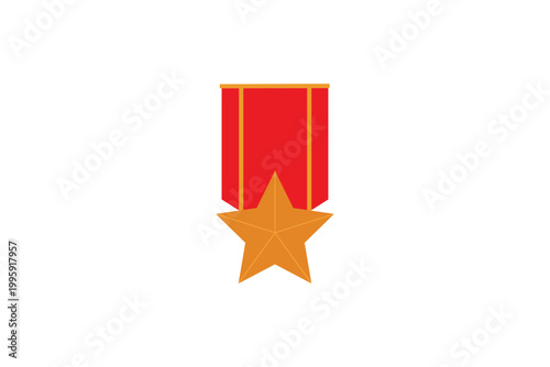 Red star medal with gold stripe on white background.